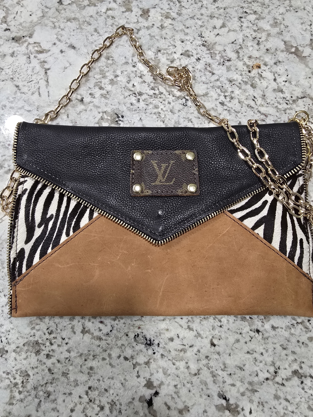Upcycled Louis Vuitton Black, Zebra Print & Tan Chain Clutch
